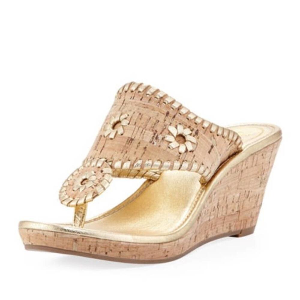 Jack Rogers Marbella Cork Wedge Sandals Size 7 Tan Gold